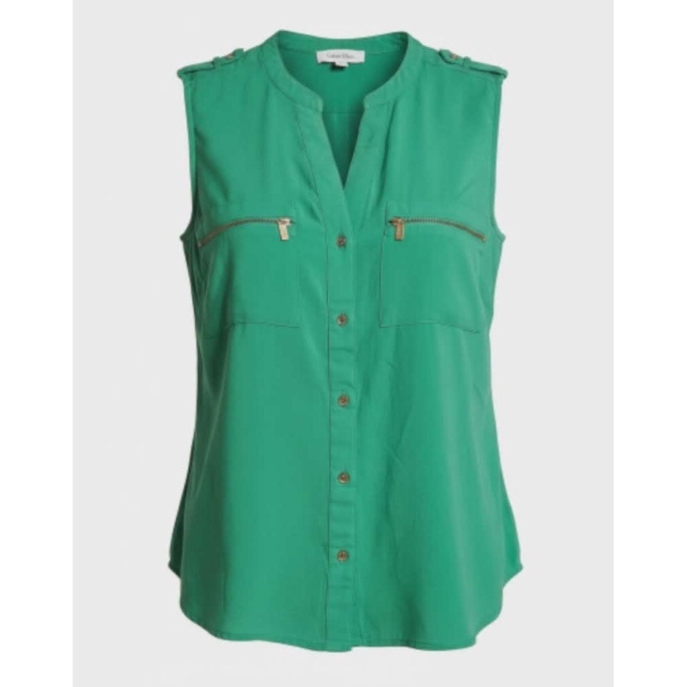 Calvin Klein Women's Sleeveless Zip Pocket Blouse Top Green Size Small